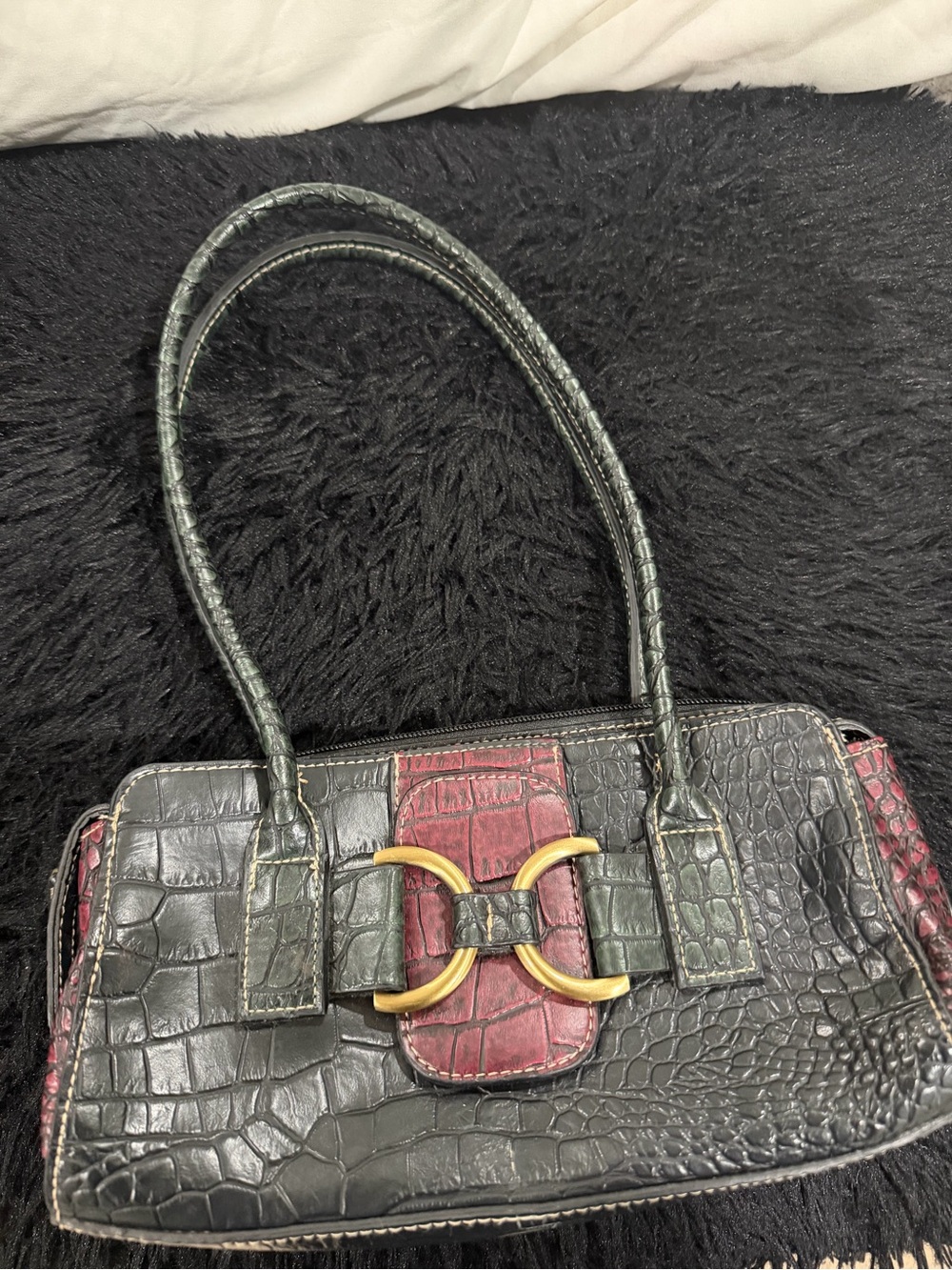 Vintage Black and Dark Red Croc-Embossed Tote Handbag